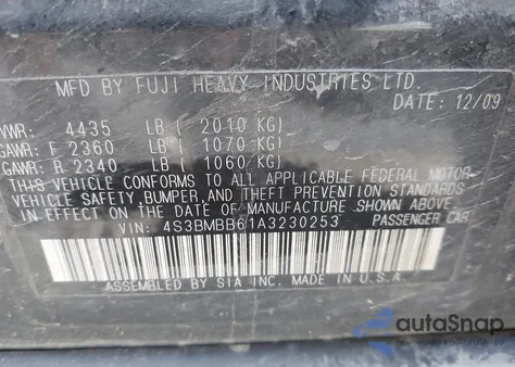 2010 Subaru Legacy 2.5I Premium z USA, uszkodzony, nr VIN 4S3BMBB61A3230253